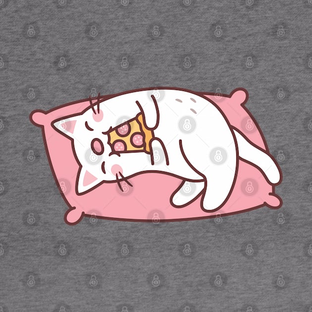 Cute White Cat Eating Pizza On Pillow by rustydoodle